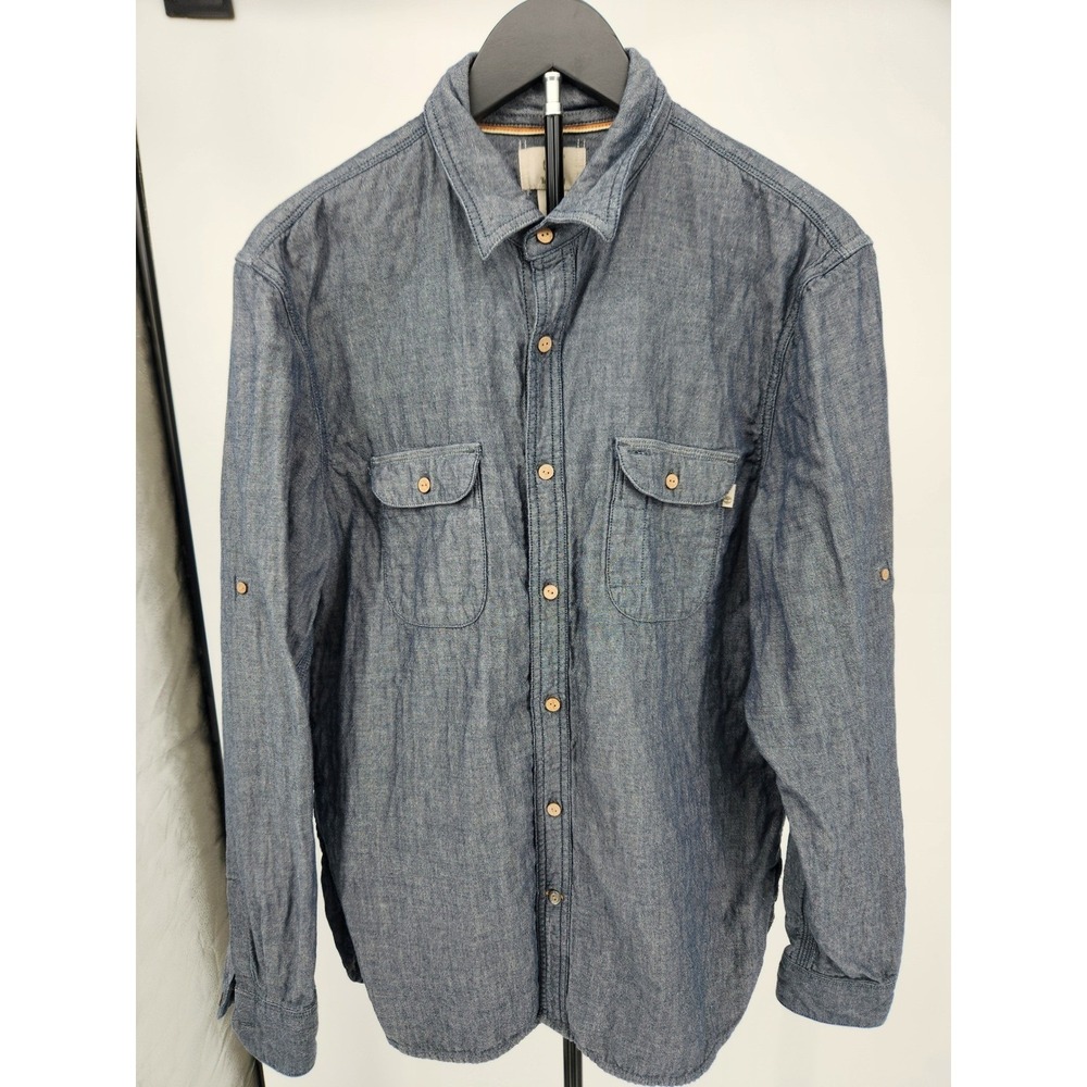 Timberland Mens Blue Chambray Long‎ Sleeve Button Down Shirt Two Pocket Size L